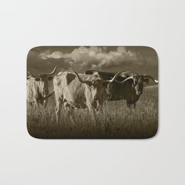 Sepia Tone of Texas Longhorn Steers under a Cloudy Sky Bath Mat | Longhorncattle, Longhorncow, Texaslonghorn, Vintage, Westernbovine, Other, Sunset, Bigsky, Westernranch, Photo 