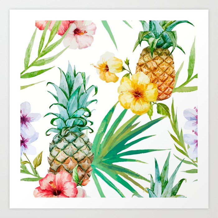 Society6 ケース Hawaiian Pineapple Pattern Tropical Watercol Pineapple Art Print, Aqua Blue Pastel, Tropical Ananas