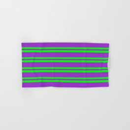 [ Thumbnail: Lime & Dark Orchid Colored Stripes Pattern Hand & Bath Towel ]