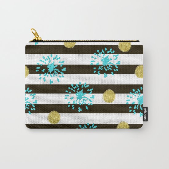 A festive mood. Striped background black and white with blue fireworks and Golden peas . Carry-All Pouch