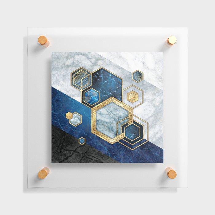 Art Deco Midnight Blue + Gold + White Marble Abstract Geometry Floating Acrylic Print