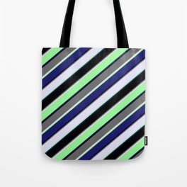 [ Thumbnail: Colorful Dim Gray, Lavender, Green, Midnight Blue & Black Colored Striped/Lined Pattern Tote Bag ]