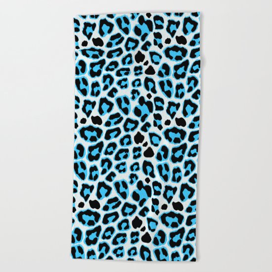 Blue & Black Leopard Print Pattern Beach Towel