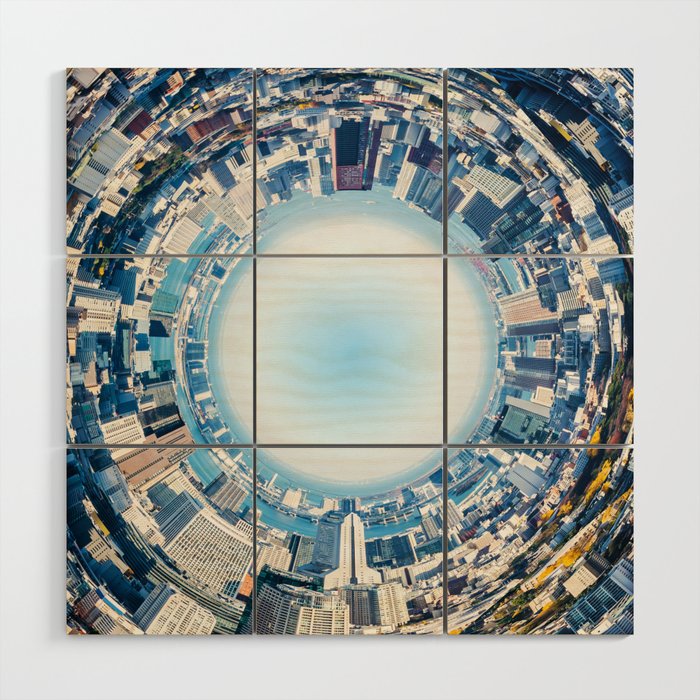 360 degree circle panoramic modern city skyline aerial view under blue sky in Tokyo, Japan Wood Wall Art