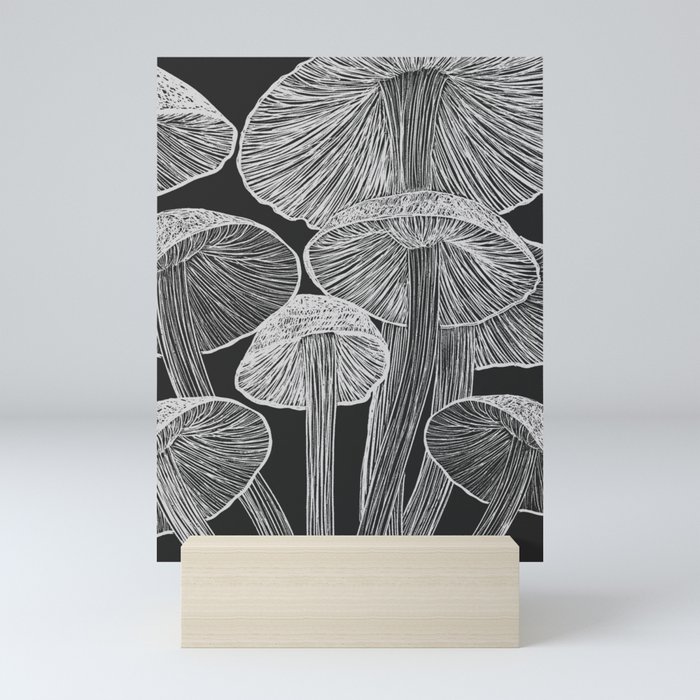 Black White Mushroom Midnight Garden Mini Art Print