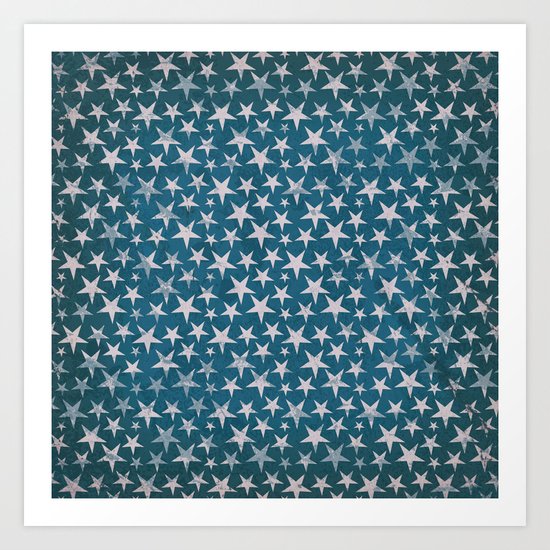 White stars on grunge textured blue background Art Print