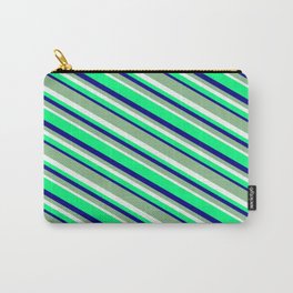 [ Thumbnail: Dark Sea Green, Mint Cream, Green, and Blue Colored Striped Pattern Carry-All Pouch ]