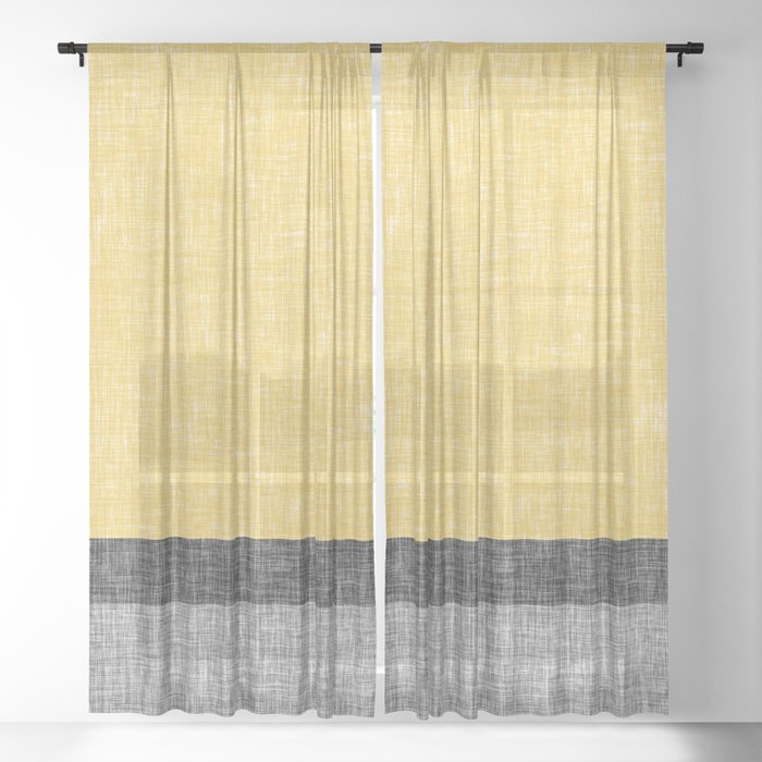 Yellow Grey and Black Section Stripe and Graphic Burlap Print Sheer Curtain
