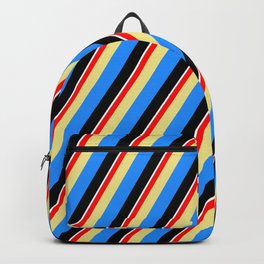[ Thumbnail: Colorful Red, Tan, Blue, Black & White Colored Lined/Striped Pattern Backpack ]