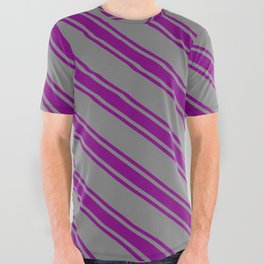 [ Thumbnail: Grey & Purple Colored Stripes Pattern All Over Graphic Tee ]