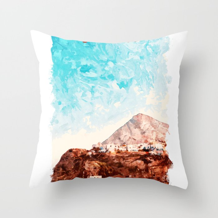 Cyclades Greece city watercolor Throw Pillow