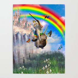 Cat Gun Riding Capybara Unicorn Capybaricorn Rainbow Poster
