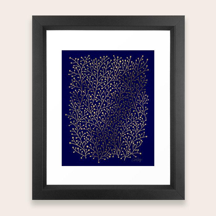 Gold Berry Branches On Navy Framed Art Print By Catcoq Society6