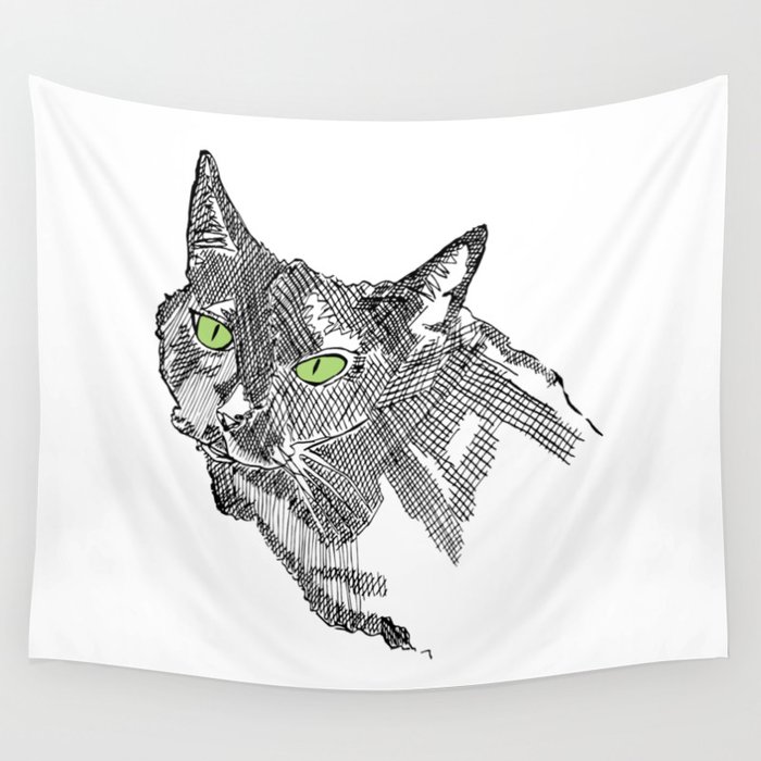 Inky Cat Green Eyes Wall Tapestry