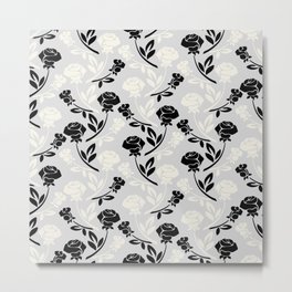 Black and White Mid-Century Roses Pattern on Silver Grey Metal Print