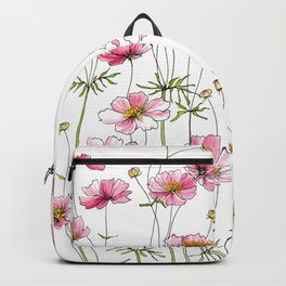 Pink Cosmos Flowers Backpack | Nature, Watercolor, Flower, Flower Petals, Garden, Gouache, Pen, Floral, Spring, Pink 