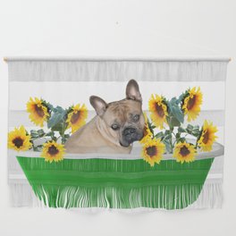 Bulldog - Green Bathtub with Sunflowers Wall Hanging