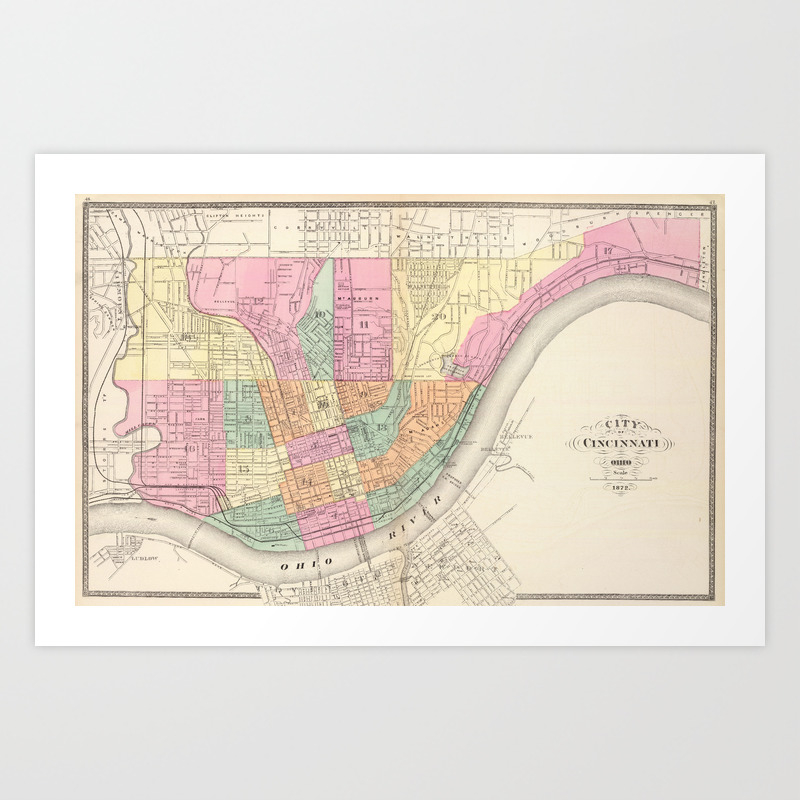 Vintage Map Of Cincinnati Oh 1872 Art Print By Bravuramedia Society6