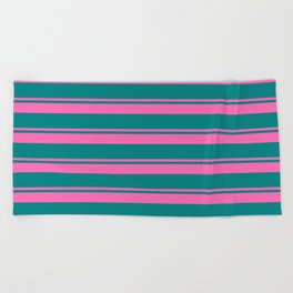 [ Thumbnail: Hot Pink and Teal Colored Stripes/Lines Pattern Beach Towel ]