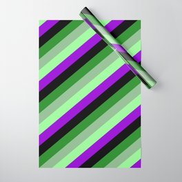[ Thumbnail: Forest Green, Dark Sea Green, Green, Dark Violet, and Black Colored Stripes/Lines Pattern Wrapping Paper ]