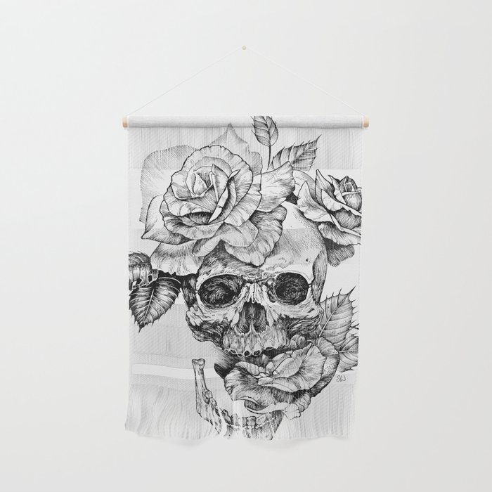 Black and White skull with roses pen drawing Wall Hanging