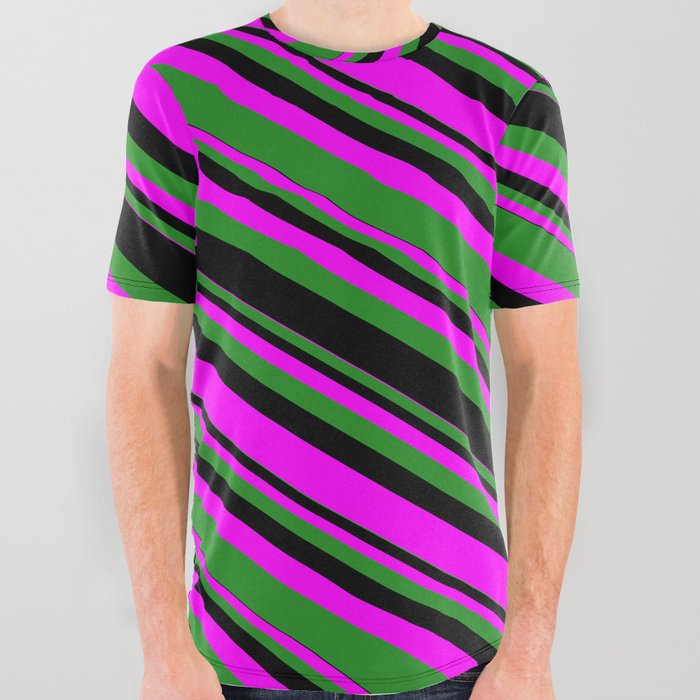 Fuchsia, Forest Green & Black Colored Lines/Stripes Pattern All Over Graphic Tee