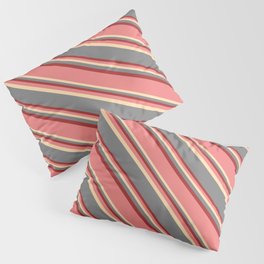 [ Thumbnail: Light Coral, Tan, Gray & Brown Colored Striped Pattern Pillow Sham ]
