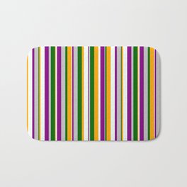 [ Thumbnail: Colorful Grey, Purple, Mint Cream, Orange, and Dark Green Colored Stripes/Lines Pattern Bath Mat ]