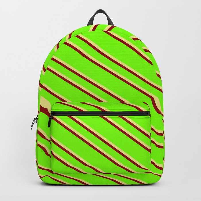 Green, Tan & Dark Red Colored Striped Pattern Backpack