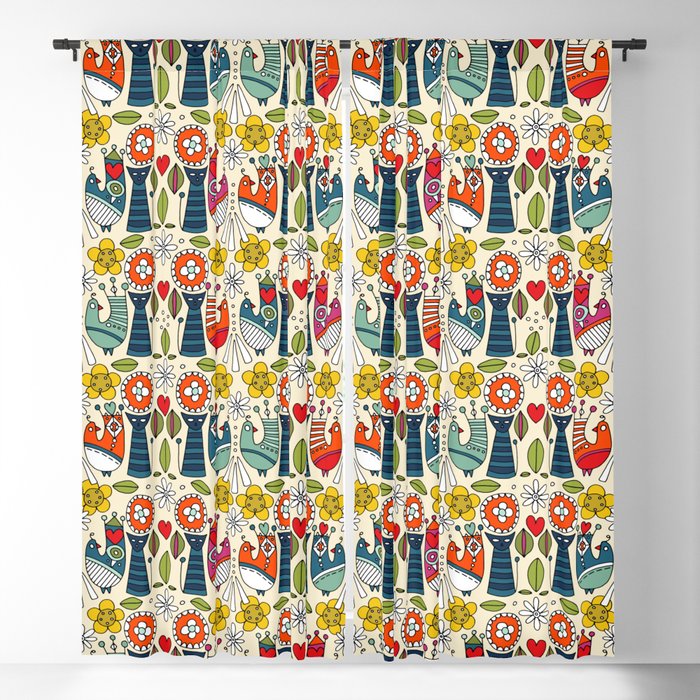 Swedish folksy cats and birds Blackout Curtain