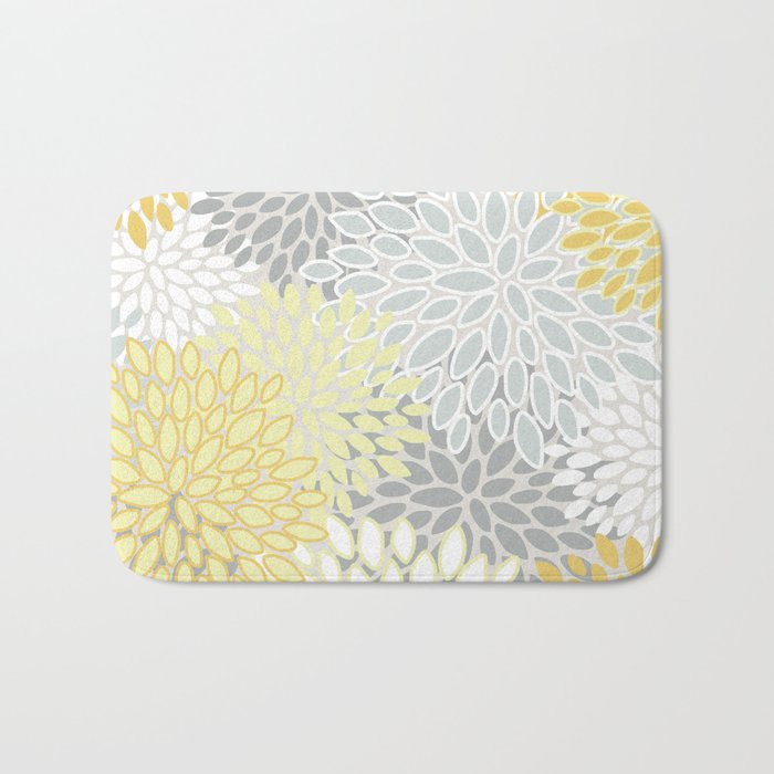 Floral Prints, Soft, Yellow and Gray, Modern Print Art Bath Mat