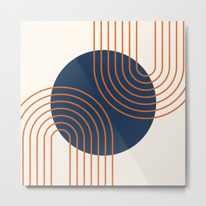 Mid Century Modern Geometric 162 Sun Rainbow abstract in Navy Blue Orange Metal Print