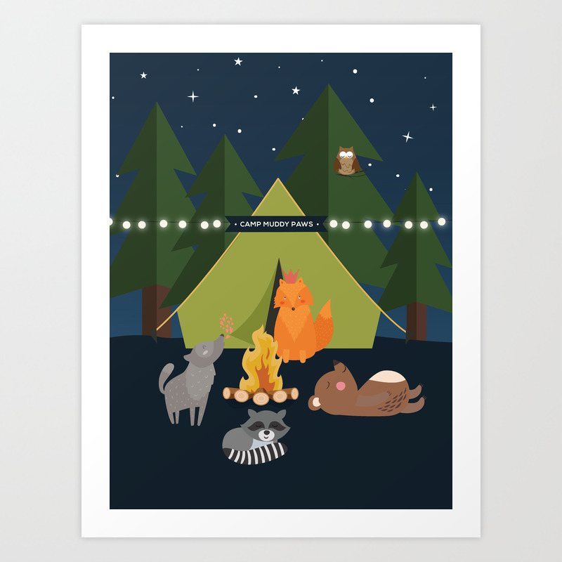 Camping Woodland Animals Kids Decor Art Print By Mungavision