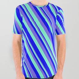 [ Thumbnail: Blue, Medium Slate Blue & Aquamarine Colored Pattern of Stripes All Over Graphic Tee ]
