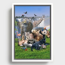 Animal Animals Rainbow Waterfall Group Scene Framed Canvas