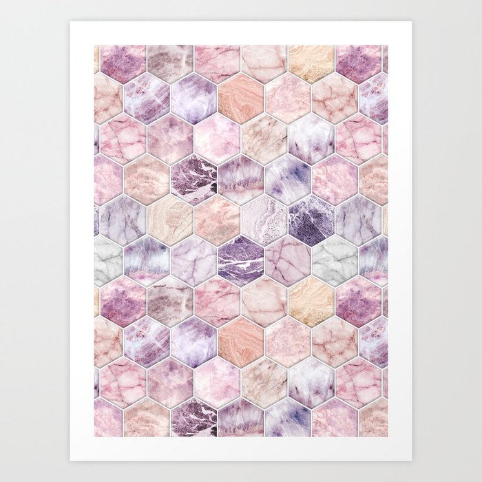 Rose Quartz and Amethyst Stone and Marble Hexagon Tiles Art Print