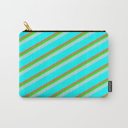 [ Thumbnail: Red, Lime, Powder Blue & Cyan Colored Lined/Striped Pattern Carry-All Pouch ]