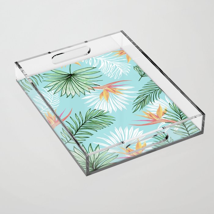 Tropic Palm, Bird of Paradise Pastel Colorful Botanical Illustration, Tropical Bohemian Jungle Acrylic Tray