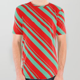 [ Thumbnail: Aquamarine & Red Colored Striped/Lined Pattern All Over Graphic Tee ]