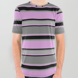 [ Thumbnail: Plum, Black, Gray, and Dark Grey Colored Striped/Lined Pattern All Over Graphic Tee ]