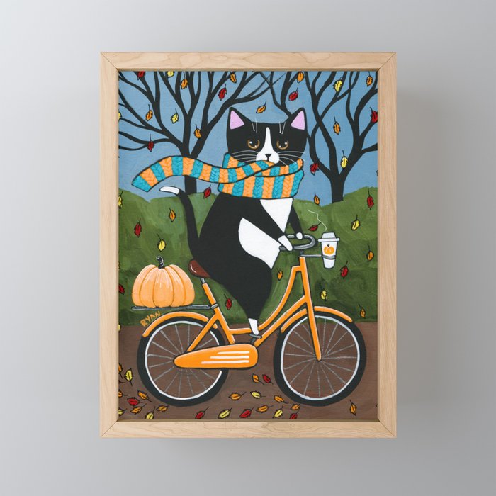 Tuxedo Cat Autumn Bicycle Ride Framed Mini Art Print