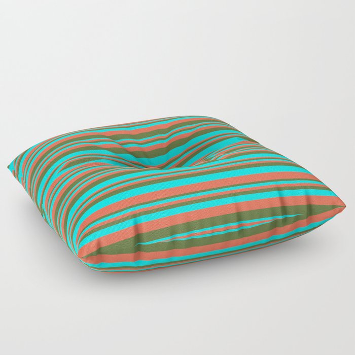 Red, Dark Olive Green & Aqua Colored Lined Pattern Floor Pillow