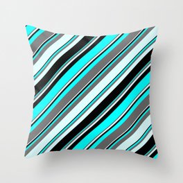 [ Thumbnail: Aqua, Dim Gray, Light Cyan & Black Colored Lines/Stripes Pattern Throw Pillow ]