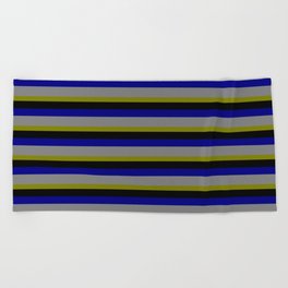 [ Thumbnail: Green, Black, Blue & Gray Colored Lined Pattern Beach Towel ]