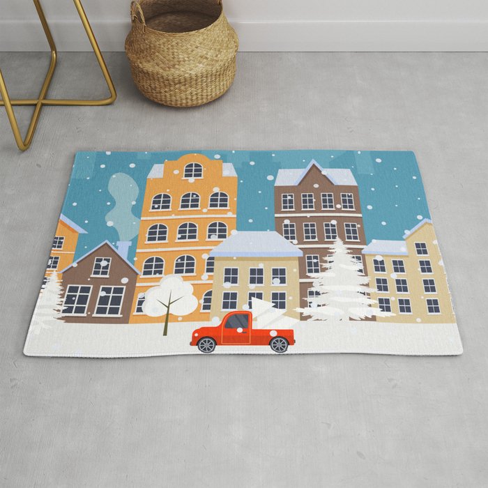 Christmas Card with Cityscape, Snowfall Car and Christmas Trees. Christmas Town. Winter Christmas Village.  Rug