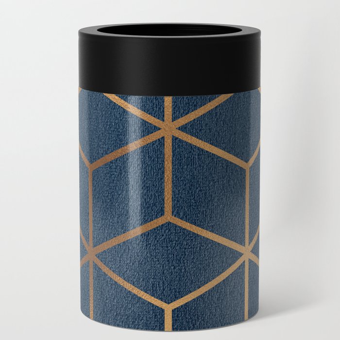Dark Blue and Gold - Geometric Textured Cube Design Can Cooler
