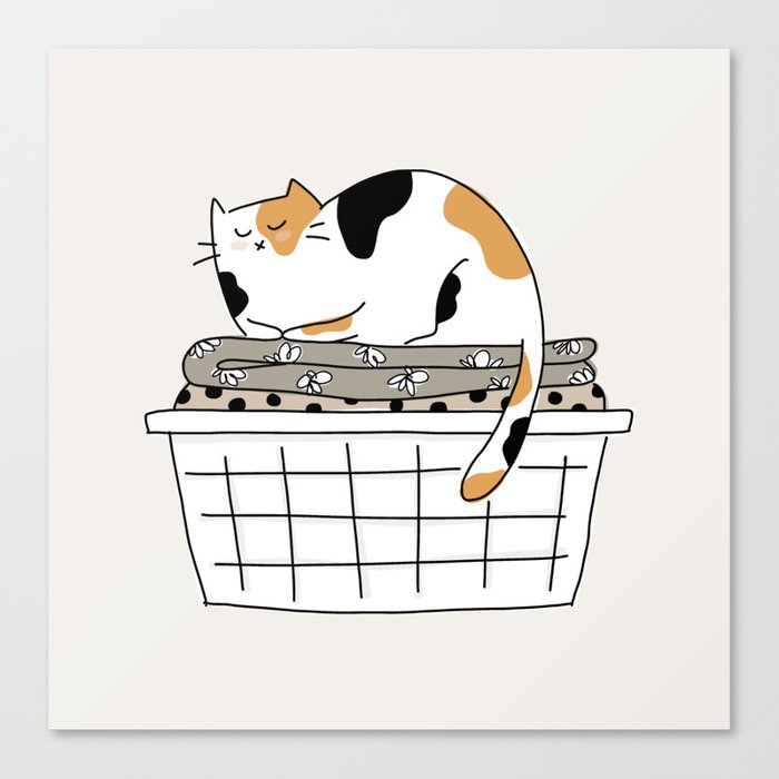 Calico Cat in Folded Laundry Basket - Neutral Palette Canvas Print