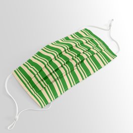 [ Thumbnail: Beige and Green Colored Lined/Striped Pattern Face Mask ]