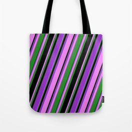 [ Thumbnail: Dark Orchid, Violet, Forest Green, and Black Colored Lines Pattern Tote Bag ]