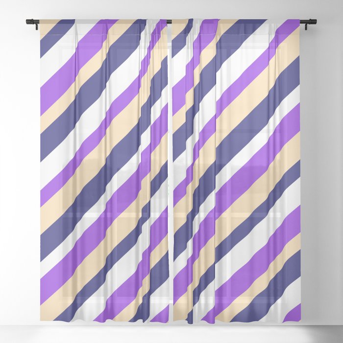 Purple, Tan, Midnight Blue & White Colored Stripes Pattern Sheer Curtain